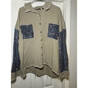CHIC ME women’s plus jacket XXL Light Army Green/ Blue SEQUIN & DENIM STYLE